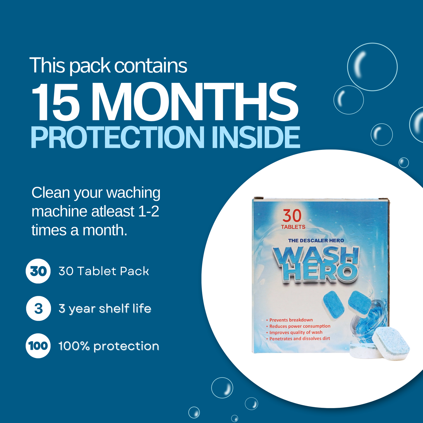 GuardH Wash Hero - Washing Machine Cleaning Tablets - 30 Count Pack