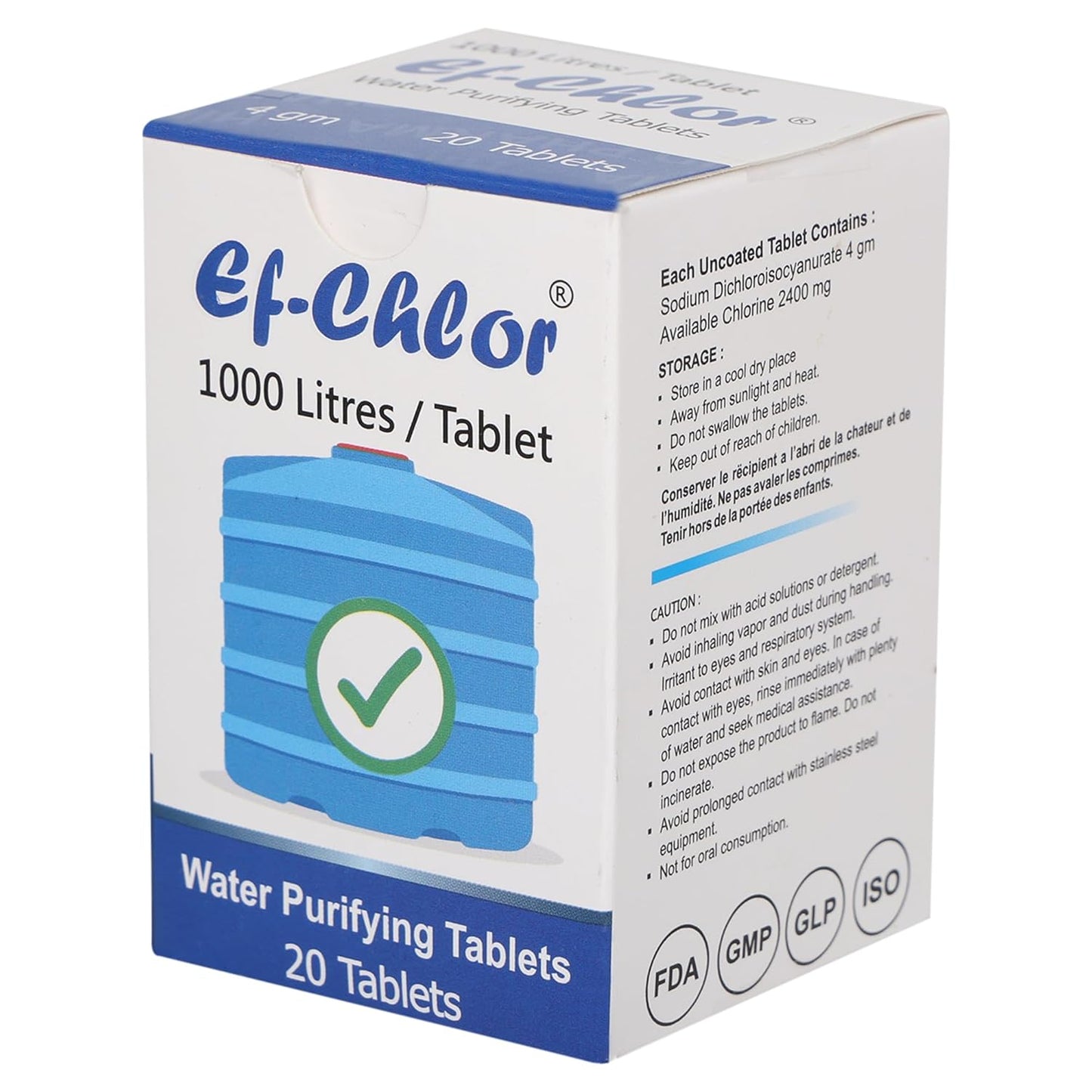 Ef-Chlor Water Purification Tablets (for 1000 Liters) - 20 Count Pack